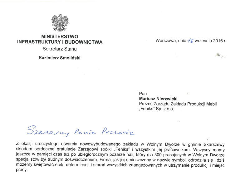 List Wiceministra Infrastruktury i Budownictwa Pana Kazimierza Smolińskiego